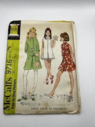 Vintage 1960s 1970s Sewing Pattern Girls Dress Romper Pantsuit McCall’s 9716