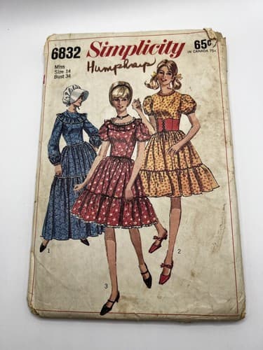 Vintage 1960s 1966 Sewing Pattern Girls Women’s Dress Prairie Simplicity 6832