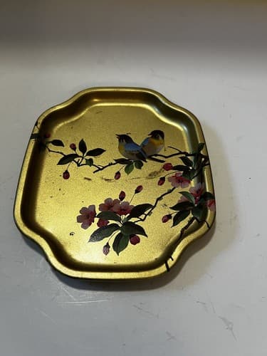 Vintage Gold Tone Tin Tray Made in England by Elite Flowers Birds Small