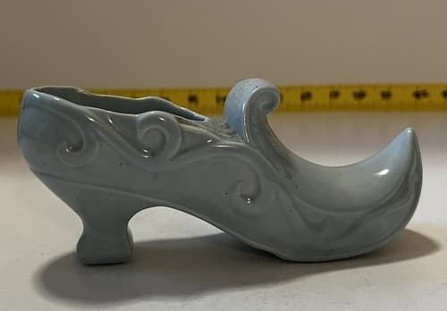 Porcelain Victorian Shoe Curl Elf Toe Swirl Blue Rare Design Vase Signed I.S.