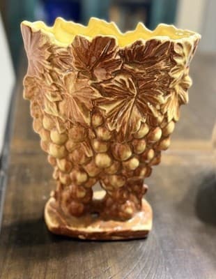 Vintage McCoy Pottery Grape Cluster Planter Vase 9.5” Majolica Style Leaves