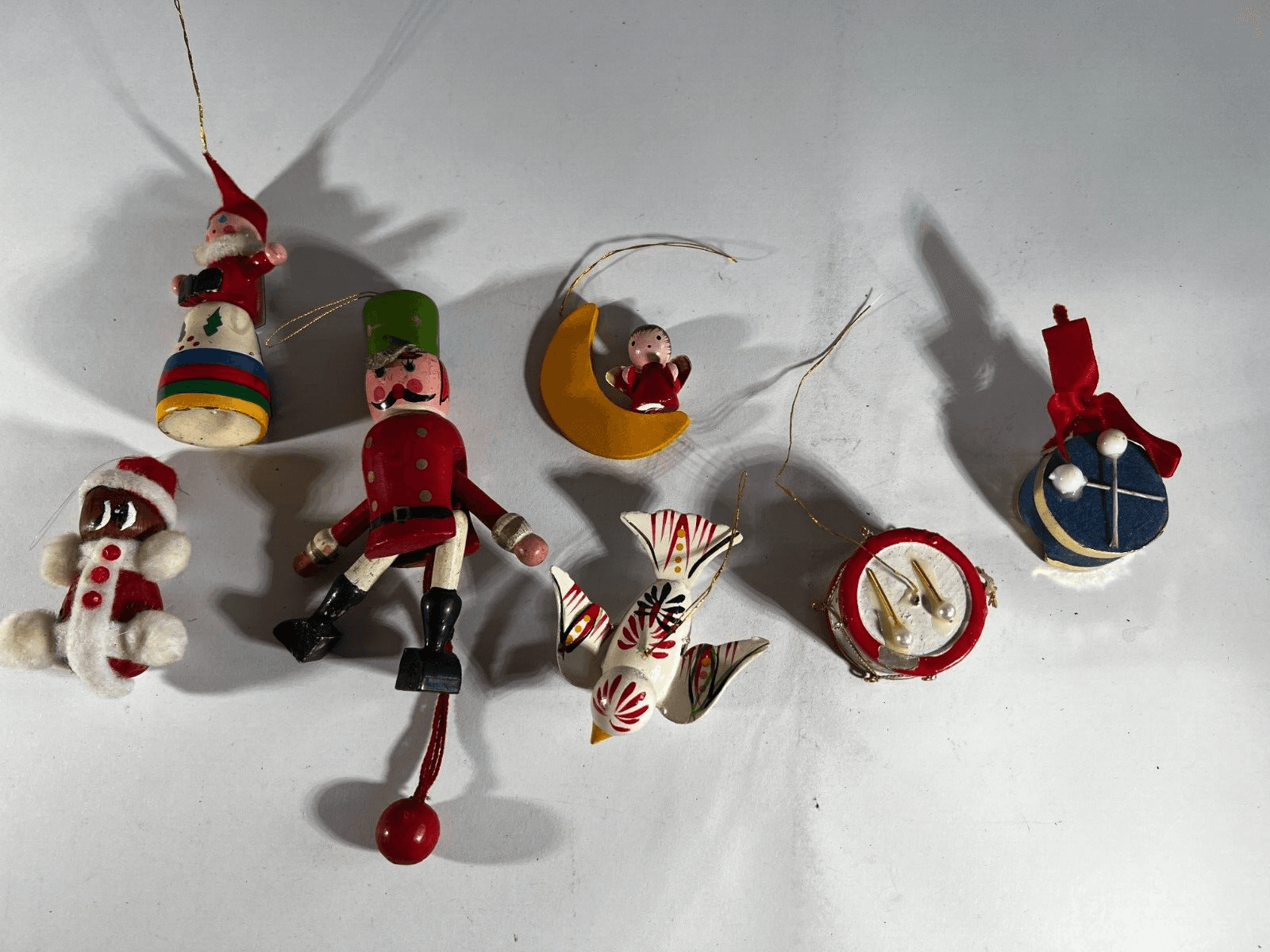 Vintage Christmas Ornament Wooden Soldier Marionette Moon Drum Set of 7