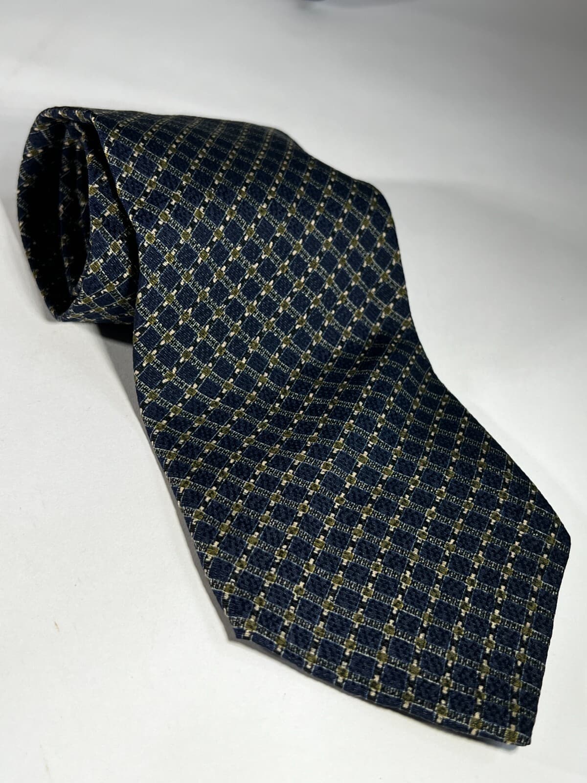 Calvin Klein Necktie Tie Silk Vintage Navy Blue Textured Small Check Pattern