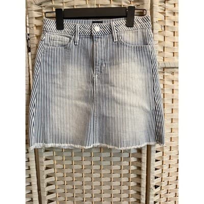 JustBlack Pinstripe Denim Mini Skirt XS White Blue Classic Frayed Hemline