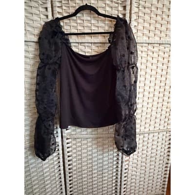 Eloquii Square Neckline Blouse Large Black NWOT Puff Sheer Polka Dot Sleeve