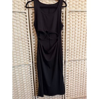 Women’s Black Cutout Bodycon Midi Dress Large Sleeveless Sexy Clubwear