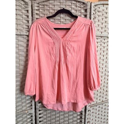 Lands End Lightweight Jersey Pintuck Pleach Blouse Large Peach V Neckline