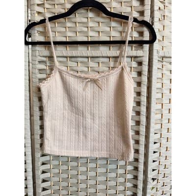 SHEIN MOD Lace Trim Knit Camisole Tank Top Beige XS Bow Detail Scoop Neckline