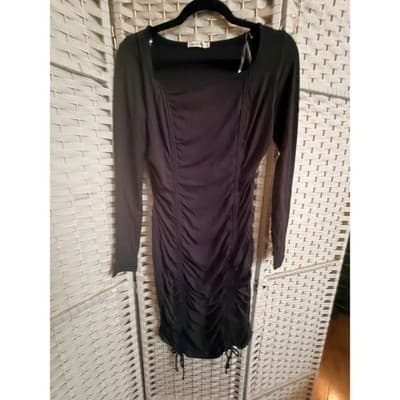 Heart & Hips Long Fitted Mini Dress Small Black Ruched Asymmetrical Bodycon