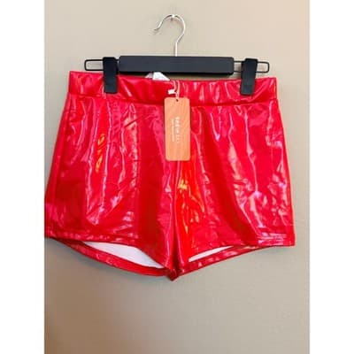 SHEIN Shiny Leather Shorts Large Red NWT High Rise Pull On Fitted