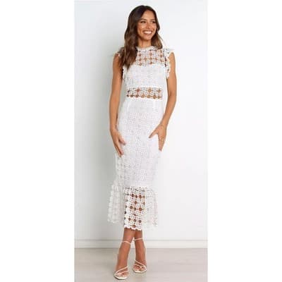 Petal & Pup Lauren Lace Midi Dress White Small Ruffle Sleeve Boho