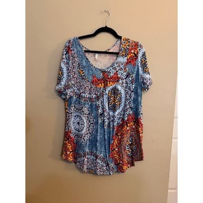 Popyoung Boho Print Short Sleeve Blouse Women’s 2XL Flowy Top EUC