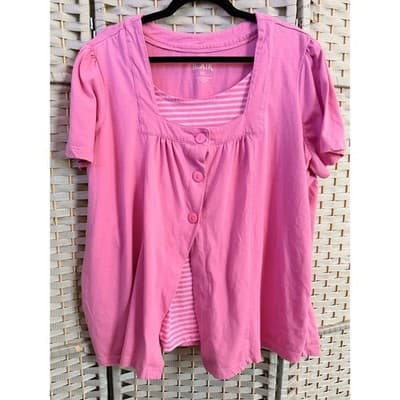 Blair Button Front Short Sleeve Plus Size Blouse Pink 2XL Casual Square Neckline