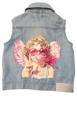 Custom Design Girls Denim Jacket Vest DKNY Upstyled Boutique 1/1 Angel Bubbles