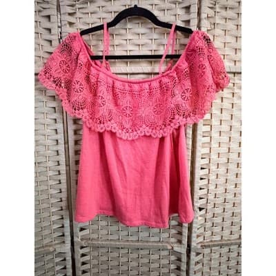 No Boundaries Junior Girl Top XXL 19 Pink Off Shoulder Crochet Lace Ruffle Trim