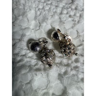 Vintage Silver Tone Rhinestone Ball Drop Dangle Clip-On Earrings Sparkle Retro