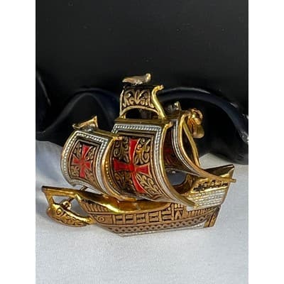 Vintage Spanish Damascene Pin Galleon Tall Ship Brooch Gold Enamel MCM Sailing