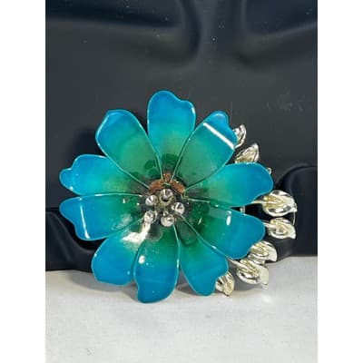 Vintage Coro Flower Brooch Teal Blue Enamel Rhinestone Leaves MCM Ornate RARE