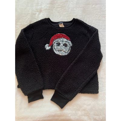 Disney Jack Santa Juniors Fluffy Sequin Casual Semi Cropped Sweater Black Medium