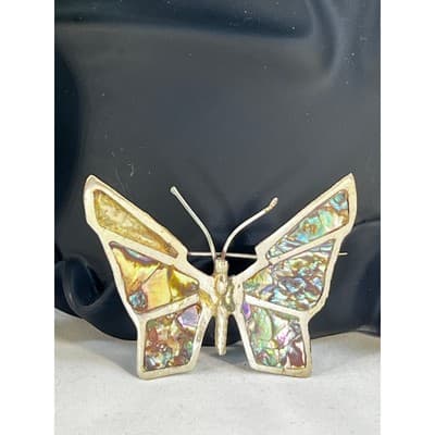 Vintage Mexican Silver Butterfly Brooch Abalone Shell Inlay Stained Glass Look
