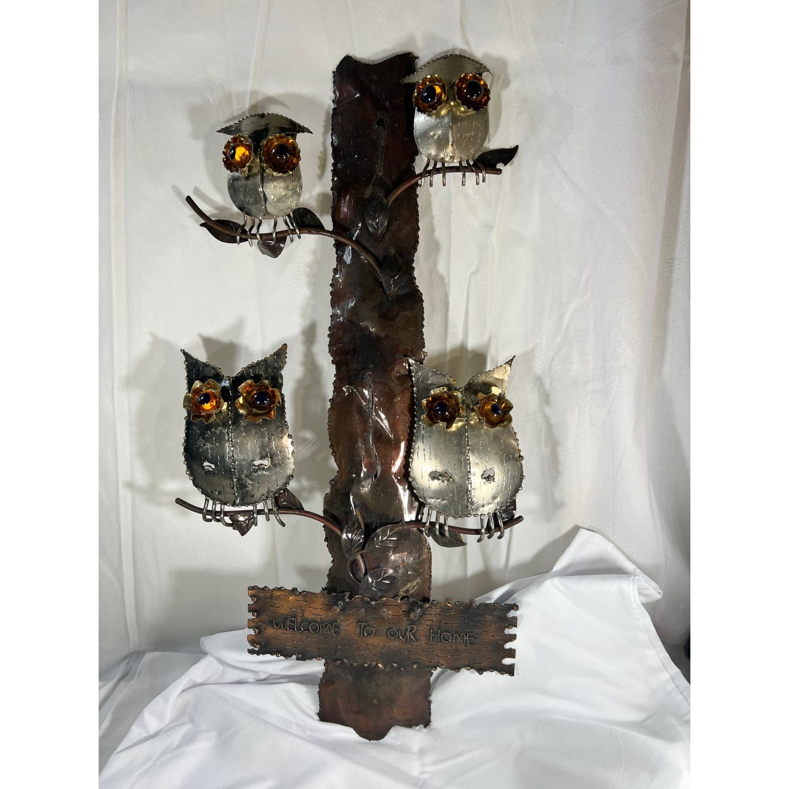 Metal Owl Wall Hanging Welcome To Our Home Vintage 70s 12"x24" Rustic Home Decor