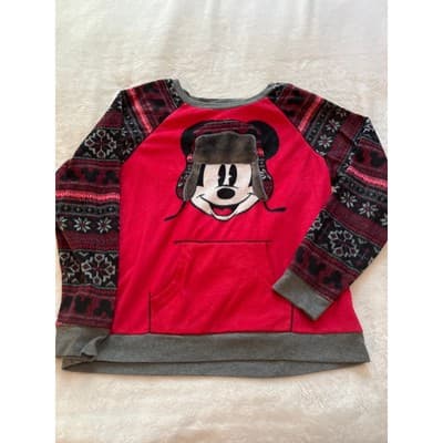 Disney Luxe Mickey Fleece Pocket Crew Neck Long Sleeve Pajama Top Red Large