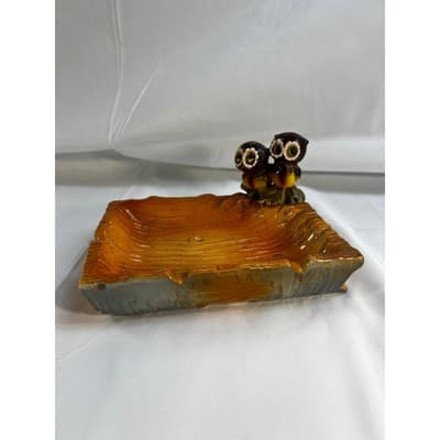 MCM Vintage Owl Eyes Ceramic Ashtray Trinket Tray Orange Glaze Dish 60/70s Retro