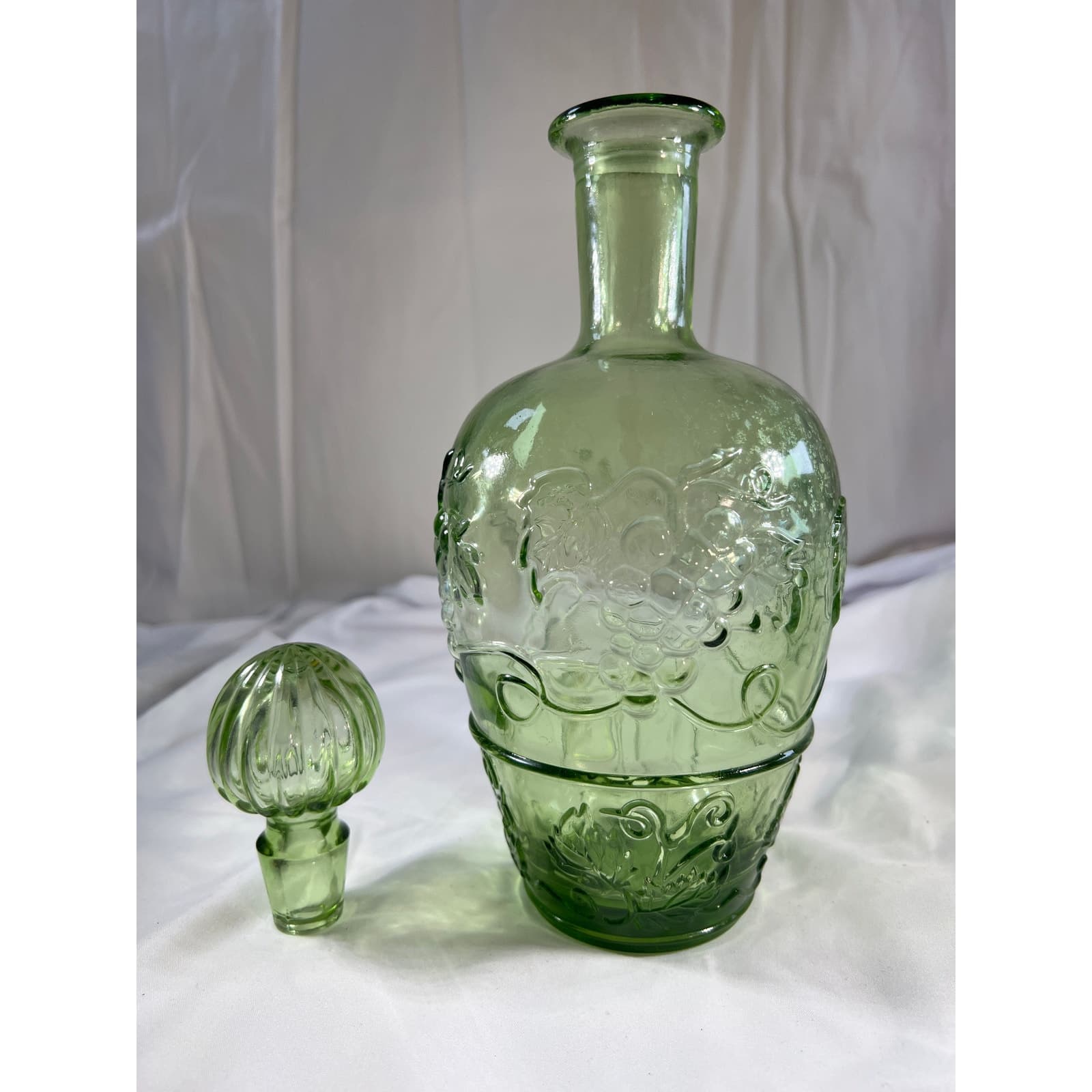 Light Green Glass Wine Bottle & Stopper MCM Vineyard Pattern Embossed Decanter
