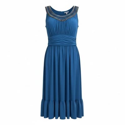 Jones New York Embellished Neckline Sleeveless Tiered Midi Dress Blue 12