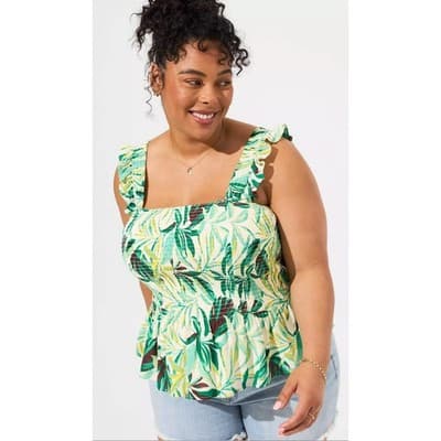 Torrid Peplum Washable Crinkle Gauze Smocked Top Tropical Leaf Print Green 2 NWT