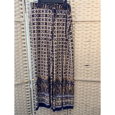 ROZ & ALI Wide Leg Palazzo Pants L Navy Gold Print Elastic Waistband Tie Detail