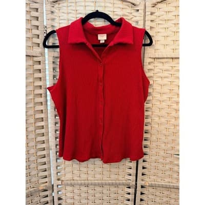 A New Day Sleeveless Ribbed-Knit Polo Top XL Red Button Up Collared Stretch
