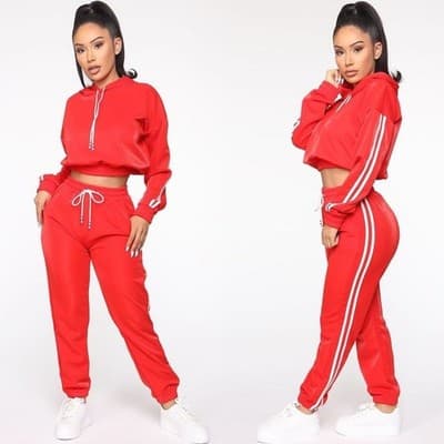 Fashion Nova Tennis Glam Set Two Piece Jogger Hoodie Pants Set Red White XS NWT