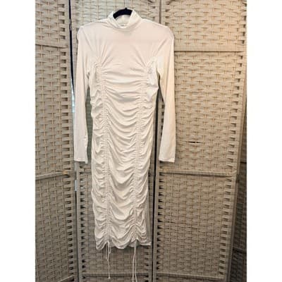 Heart & Hips White Ruched Drawstring Midi Dress Small Long Sleeve Bodycon