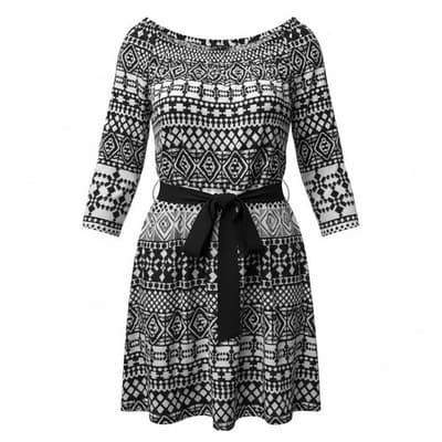 Mossimo Abstract Geo Pattern Tie Waist Dress Black White Small 3/4 Sleeves