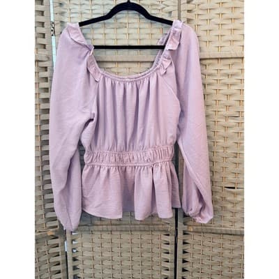 Nine West Long Sleeve Peplum Blouse M Light Lilac Ruffle Smocked Waist