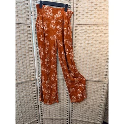 Three Dots Burnt Orange Floral Wide Leg Pants Small Boho Pull On Elastic Waist