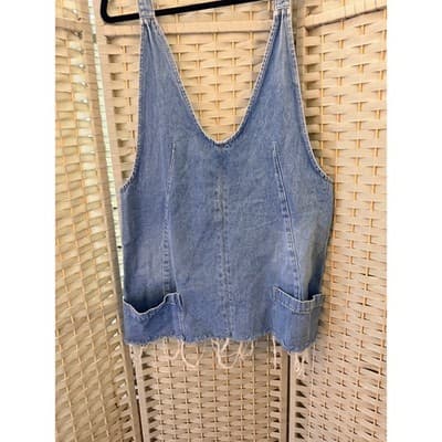 Women’s Denim Mini Dress Light Wash Sleeveless Frayed Hem Overall Style Large