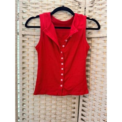 Women's Button Up Ribbed Details Tank Top S Red Scoop Neckline Sleeveless