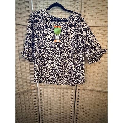 Well Worn Ladies V-Neck Quarter Sleeve Blouse XXL Black NWT Ditsy Floral Print