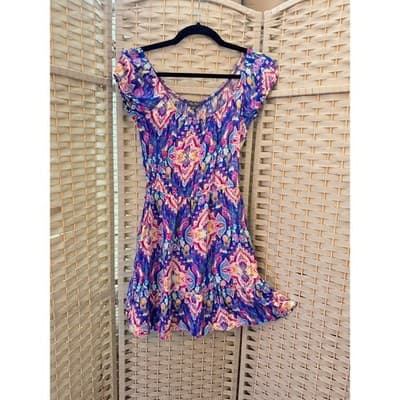 Lily Rose Floral Boho Mini Dress Purple Pink Off Shoulder Fit Flare XS
