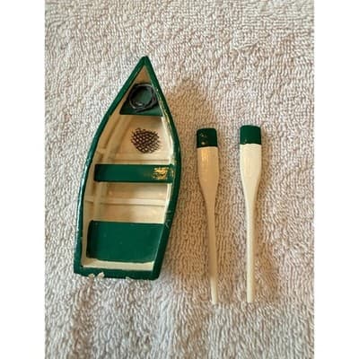 Vintage 1950s Wooden Skiff Row Boat Miniature Fishing Boat w/ Paddles Nautical