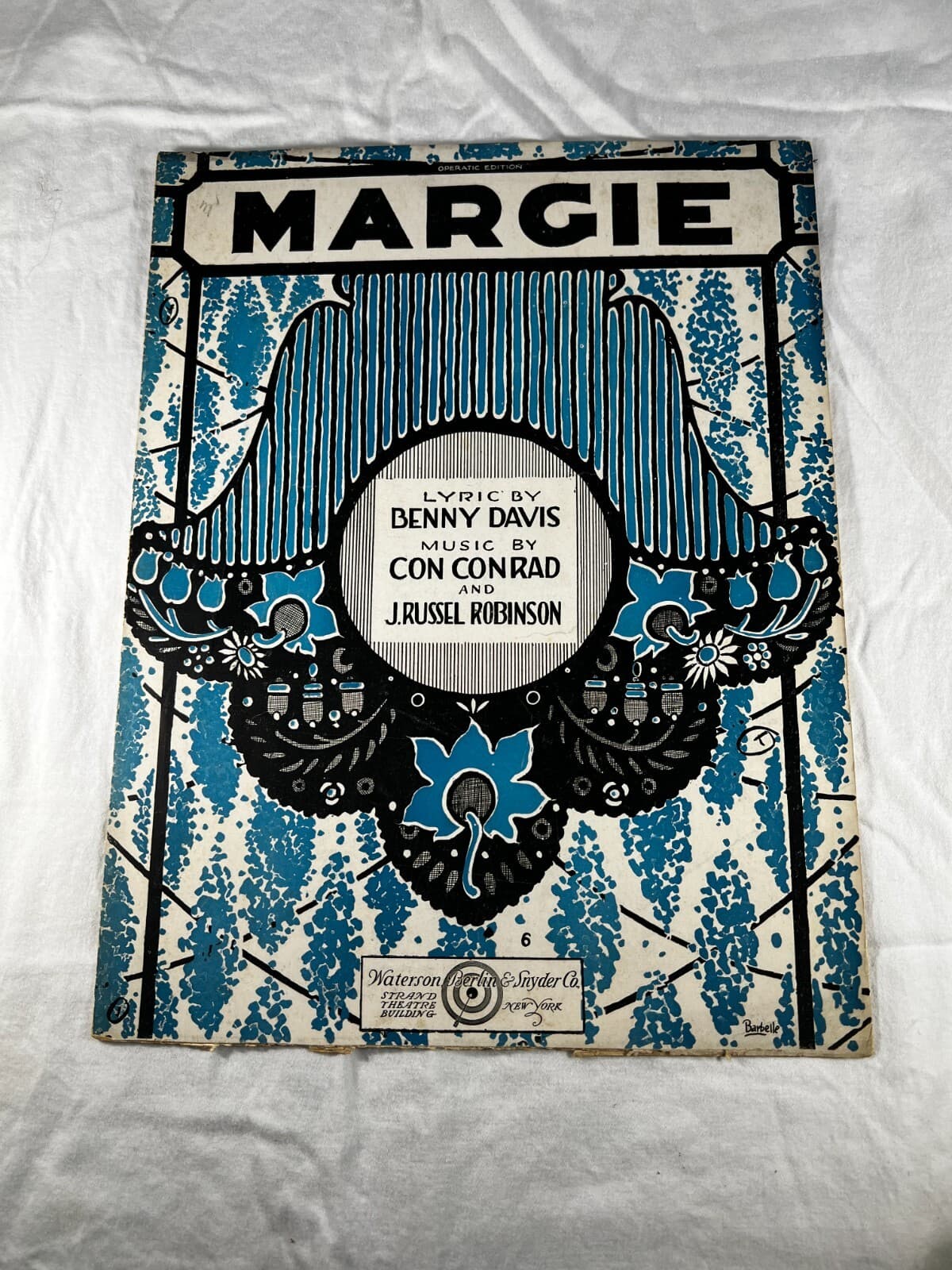 Margie Opera Sheet Music Benny Davis Conrad & Robinson Barbelle 1920 Antique