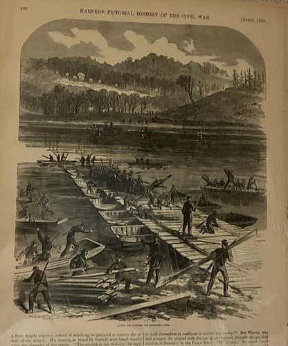 Antique Wood Engraving Civil War 1863 Laying The Pontoons Harper’s Military