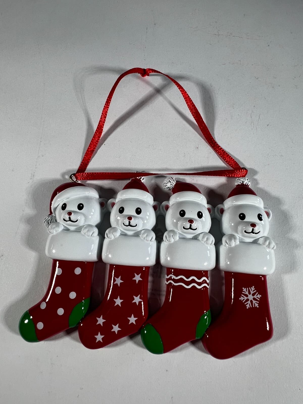 NEW Christmas Ornament Family of 4 White Bears in Stockings Maxora
