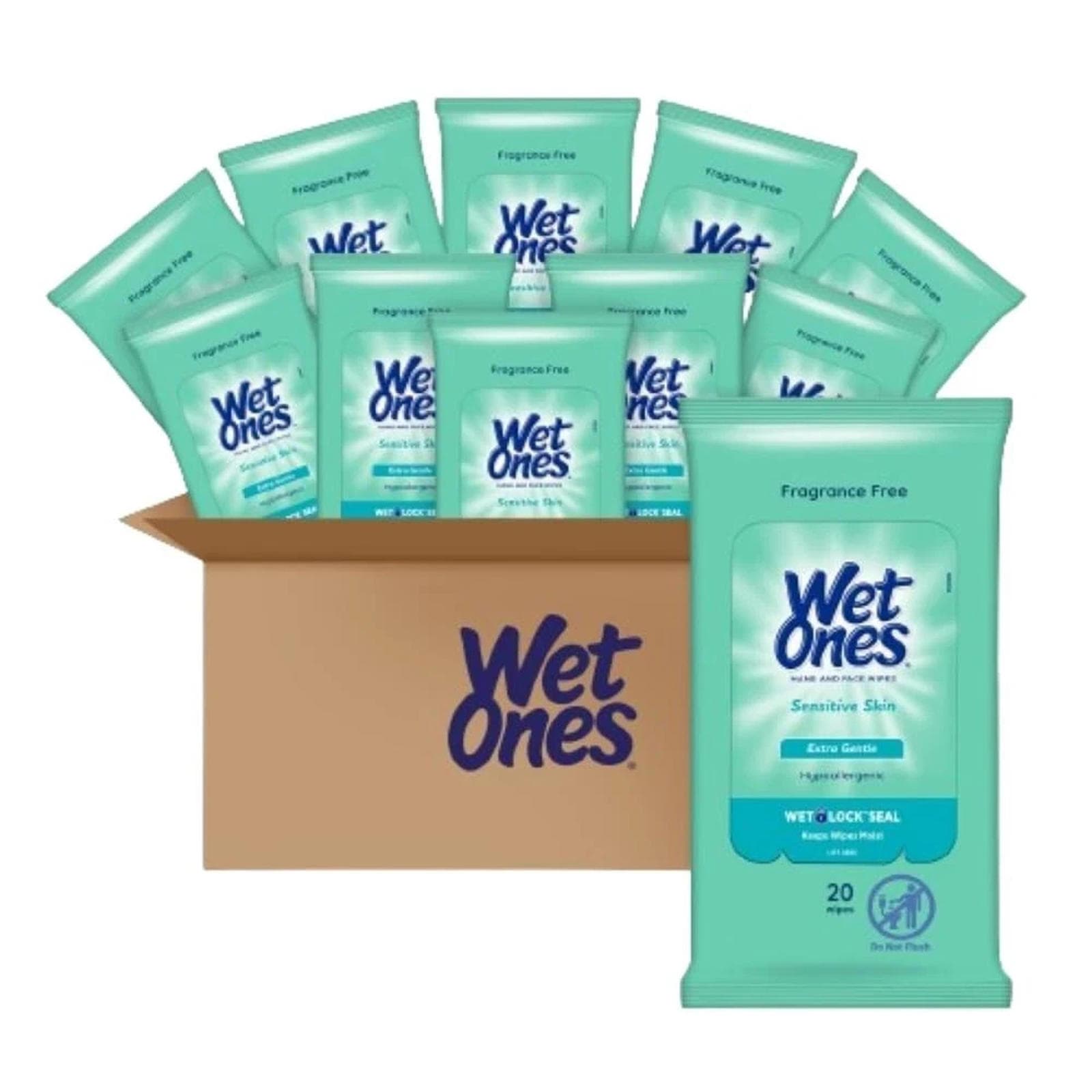 Wet Ones Sensitive Skin Hands & Face Wipes Extra Gentle, 20 Wipes each (10 PACK)