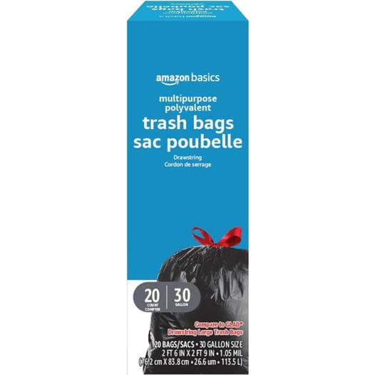 Amazon Basics Multipurpose Drawstring Trash Bags, 30 Gallon, 20 Count, Black