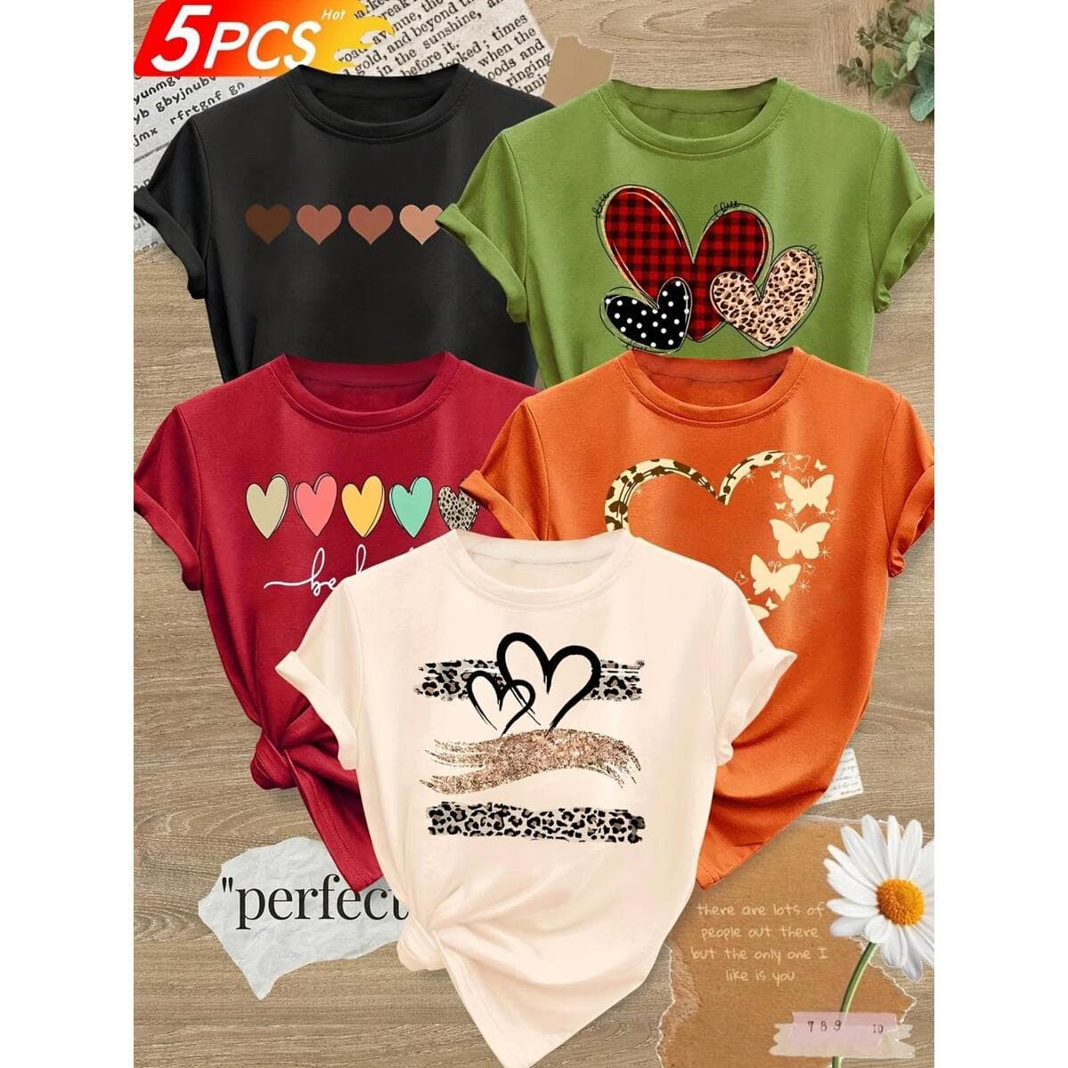 5 pcs Women's Vintage Casual Short-Sleeve Round Neck T-Shirts - Size M/L