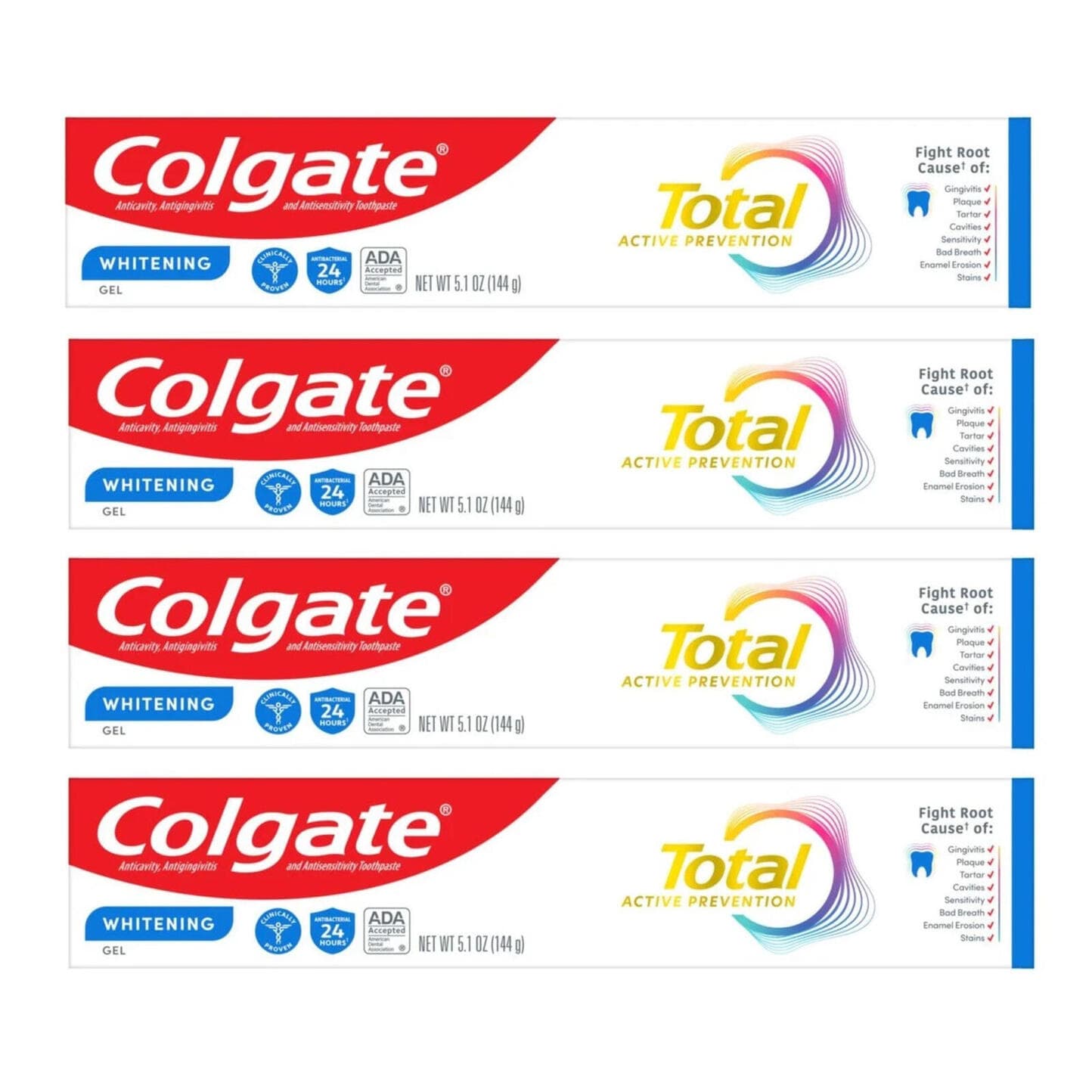 Colgate Total Anticavity Toothpaste Gel, Whitening, Mint, 5.1oz (4 PACK)