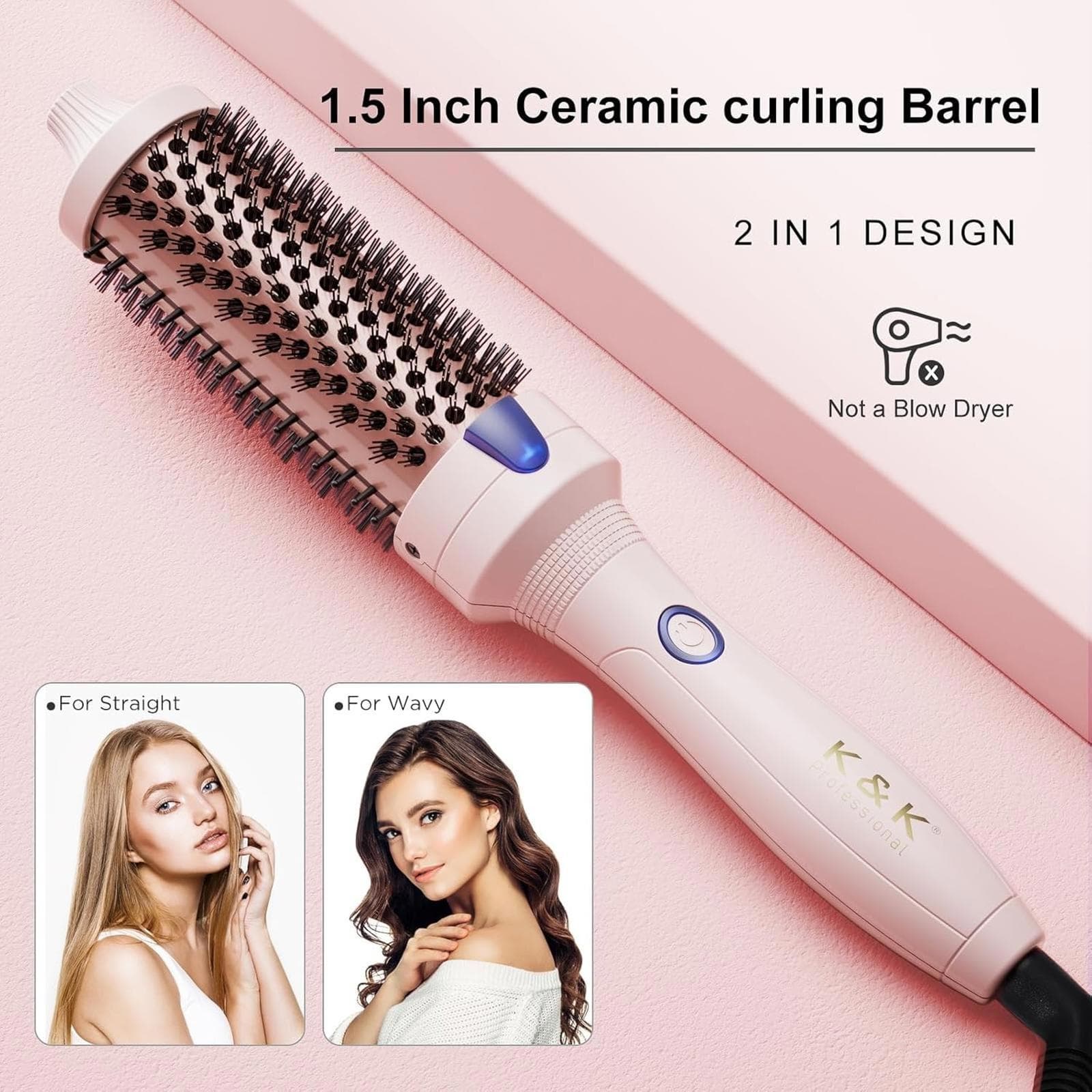 Used - K&K 1.5 Inch Ceramic Ionic Curling Pink Brush Volumizer QY-2029 (no box)